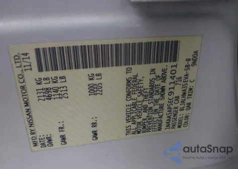 2014 Nissan Maxima 3.5 Sv z USA, uszkodzony, nr VIN 1N4AA5AP5EC911401